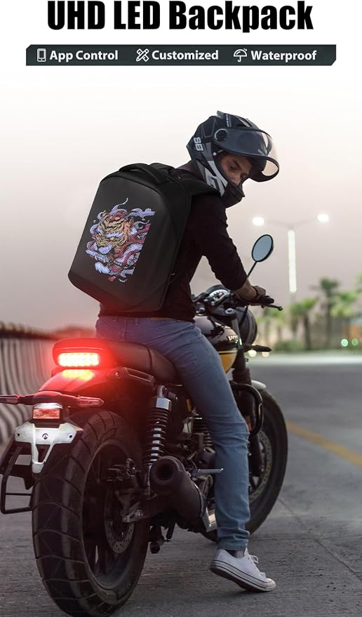LED Backpack Waterproof with UHD 96 * 128 Pixel LED Display Screen, App Control Customized LED Bag for Motorcycle, 16-inch Laptop, Travel, Advertisement, Graffiti, School, Party (Black)