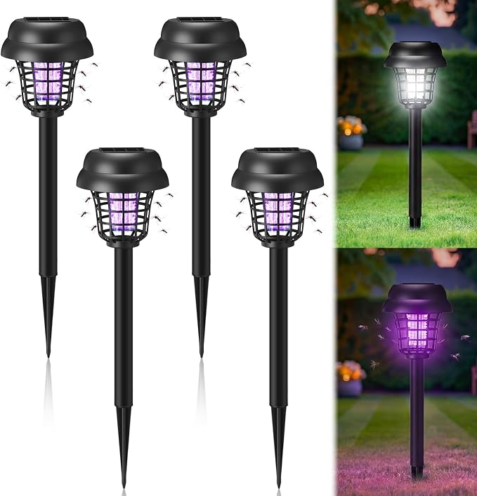 4 Pcs Solar Bug Zapper Outdoor Waterproof Mosquito Repellent Light Solar Power Fly Killer Lamps for Moths, Gnats, Fly, Small Flying Insect Backyard Garden Lawn (Plastic,Purple & Sunlight)