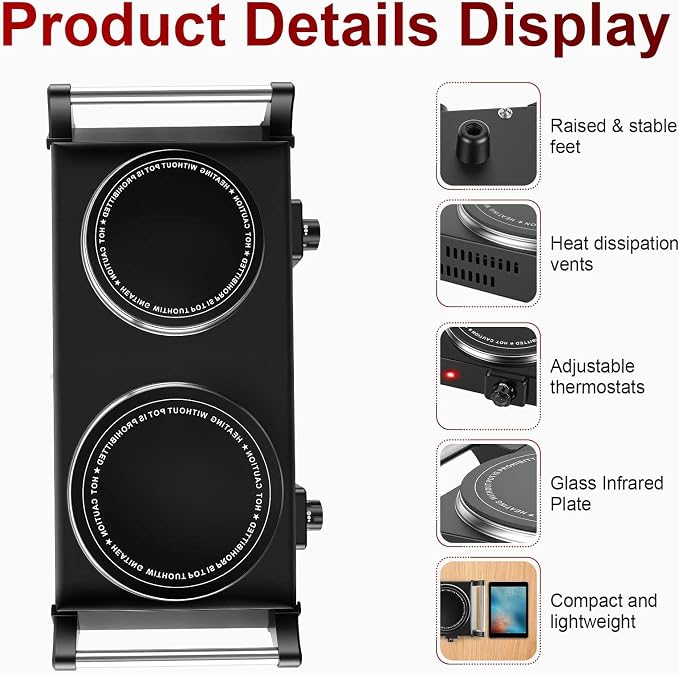 1800W Electric Double Burner, Portable Electric Stove, Hot Plate Countertop with Adjustable Temperature & Stay Cool Handles for RV Camping Home Dorm
