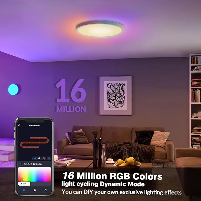 1 Pack 16 Inch Smart RGB LED Ceiling Light with Remote, WiFi Flush Mount Ceiling Light Compatible with Alexa & Google Home, 32W=3200LM Dimmable, DIY Colors, for Bedroom Living Room