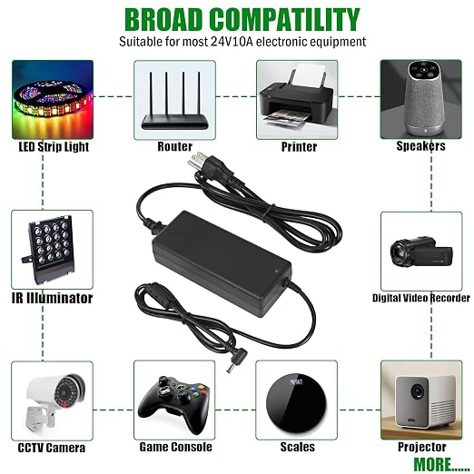24V 10A Power Supply Adapter, AC 100-240V to DC 24Volt 10Amp 240W Power Adapter with 5.5mm x 2.5/2.1mm DC Output Jack, 24V Low Voltage Transformers, Universal AC/DC Adapter for LED Strip LED Driver