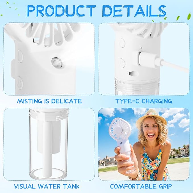 6 Pack Misting Fan Portable Mini Handheld Rechargeable Fans with 4 Speeds Water Spray Fan Personal Cooling Fans for Travel Camping Outdoor Home Office Makeup Commute(White)