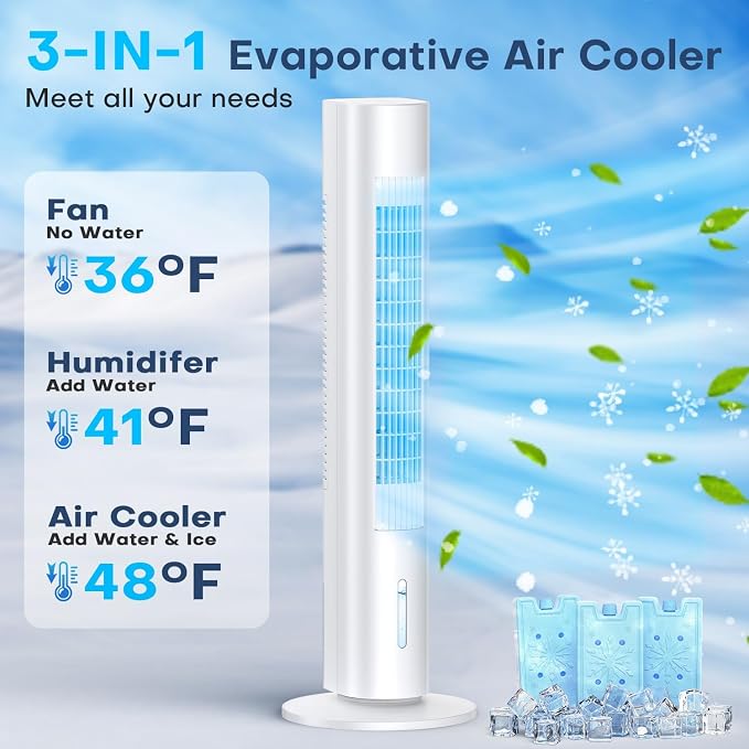 Evaporative Air Cooler, 35" Windowless Air Conditioner Portable w/3 Speeds, 25ft Remote, Smart Timer & Water Tank, Portable Air Conditioners No Windows Needed, 90°Oscillating AC Unit for Room
