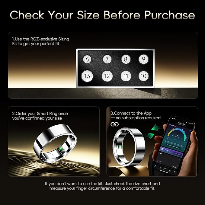 RQZ Smart Ring Fitness Tracker for Men Women, Sleep & Heart Rate Monitor, Step Counter with Vibration Alert, 5 ATM Waterproof, Compatible with iOS & Android Silver Size 8