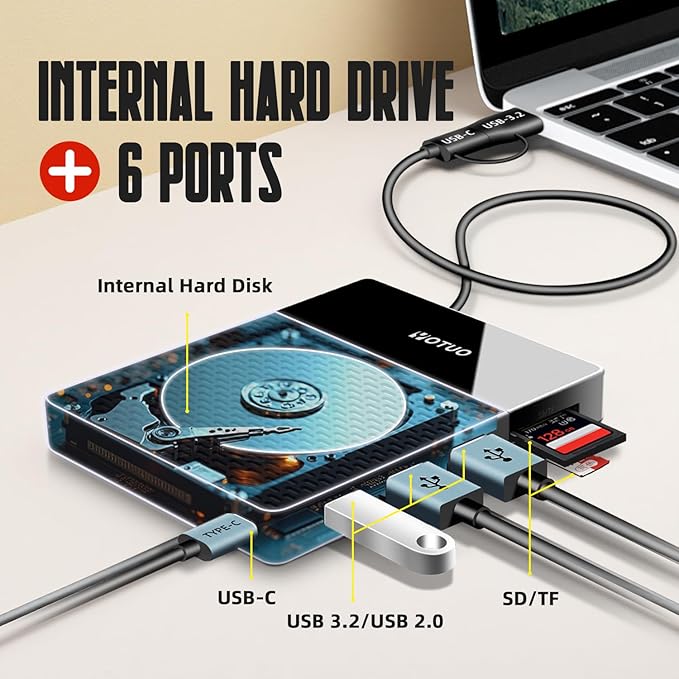 YOTUO Docking Station External Hard Drive Storage, USB-C Hub + HDD 7-in-1, USB 3.0, SD/TF Card, HDD for Windows, Mac, Android, iOS (iPhone 15/16/17), TV, Phone, Laptop, Desktop, PC (Silver, 1TB)