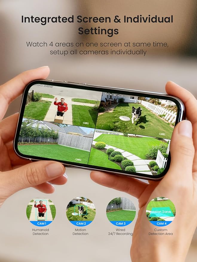 Solar Cameras Outdoor Wireless, No Subscription, Expandable to 10CH, 4 Cam Kit, Home Security Camera System, 4MP Color Night Vision, 360° Pan&Tilt, Auto Tracking, 2.4G/5G WiFi, 64G SD Card