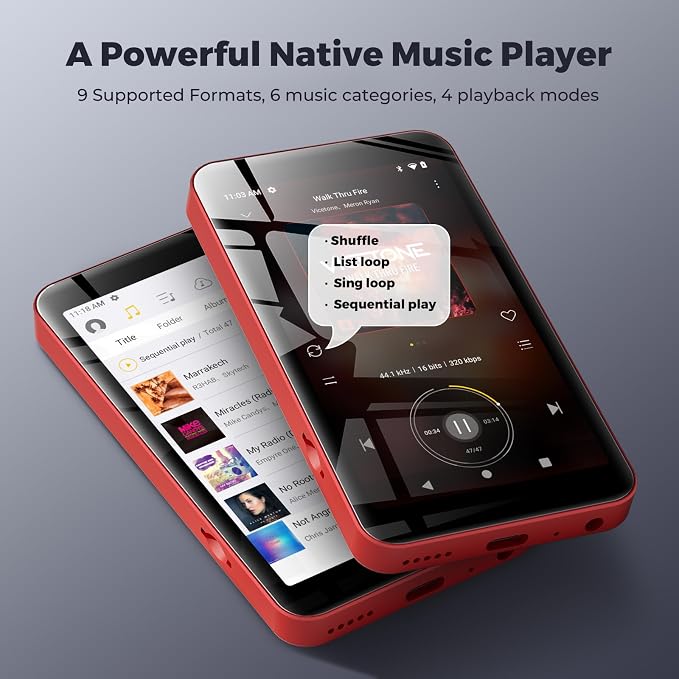 160GB innioasis G5 MP3 Player with Bluetooth and WiFi, MP3 Player with Spotify, Spotify Kids, Pandora, Play Store, Parental Manager App, Calm, 4" HD Full Touch Screen MP4 Music Player for Kids (Red)