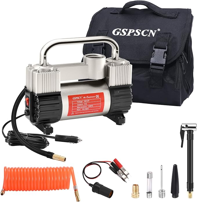GSPSCN 12V Heavy Duty Tire Inflator Metal Portable Air Compressor Pump | 6X Faster Inflation Dual Cylinders 150PSI Air Pump with Adapter for Car, RV,Pickup Truck, SUV, Van,Camper, Air Bed,Ball