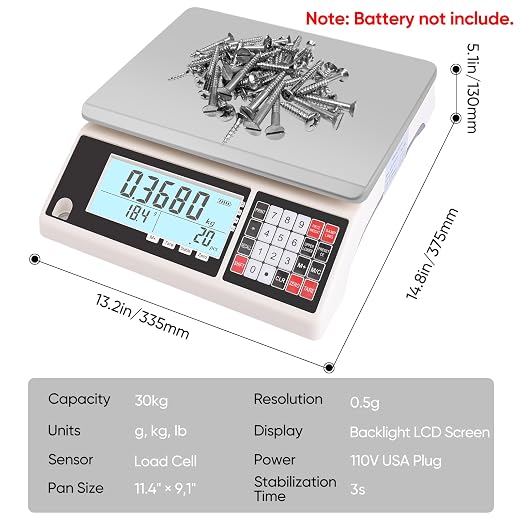 Industrial Counting Scale 30kg/0.5g with RS232 Port, Digital Inventory Counting Scale for Parts Coins Piece Counting Scale for Computer/Printer, Precision Electronic Gram Scale(g/kg/lb)