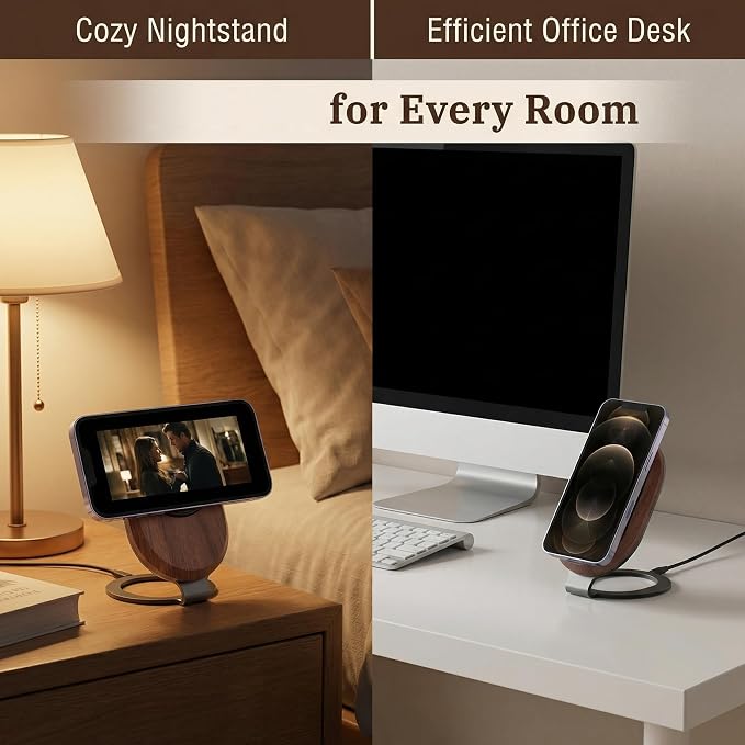Solid Wood Wireless Charger Stand, 15W Magnetic Wireless Charging Dock (No Adapter Included), Compatible with MagSafe for iPhone 12-17 Series, Fast Charging for Home & Office, Gift for Men