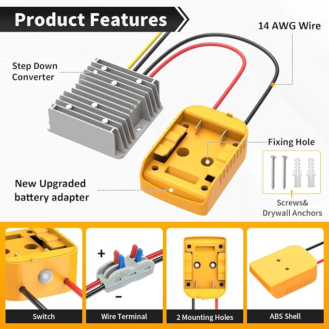 Kzreect 20V to 12V Step-Down Converter Compatible with Dewalt 20V Battery Adapter with Over-Discharge Protection, DC 12V 20A 240W Buck Converter Voltage Regulator for Golf Cart RC Car Truck DIY
