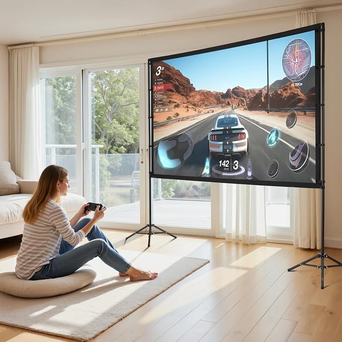 VEVOR Projector Screen with Stand, 100 Inch 160° Wide Angle Indoor Outdoor Projection Screen, 16:9 4K HD Wrinkleless Portable Dual-Tripod Screens with Carry Bag, for Movie Home Theater Presentation
