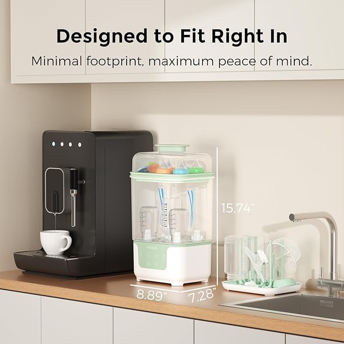 Momcozy Bottle Sterilizer and Dryer, Modular Nesting Space Saving Design, 6 Bottles Capacity, 4 in 1 Compact Sterilizer for Baby Bottles, Breast Pump Parts & Newborn Essentials, Drying Rack Included