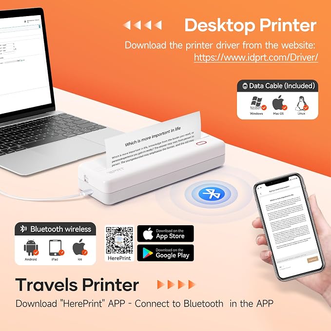 iDPRT MT890 Portable Wireless Printer with 5 Rolls Thermal Paper