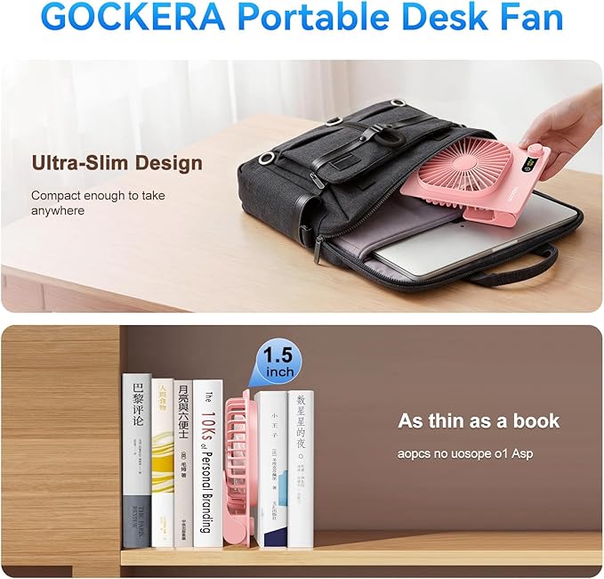 GOCKERA Desk Fan, 6.61''Ultra-thin Battery Powered Fan with Powerful Wind,100 Speeds Adjustable&Digital Display,Timer,Ultra-quiet Small Portable Fan for Bedroom,Office,Travel (Pink, 5000mAh)