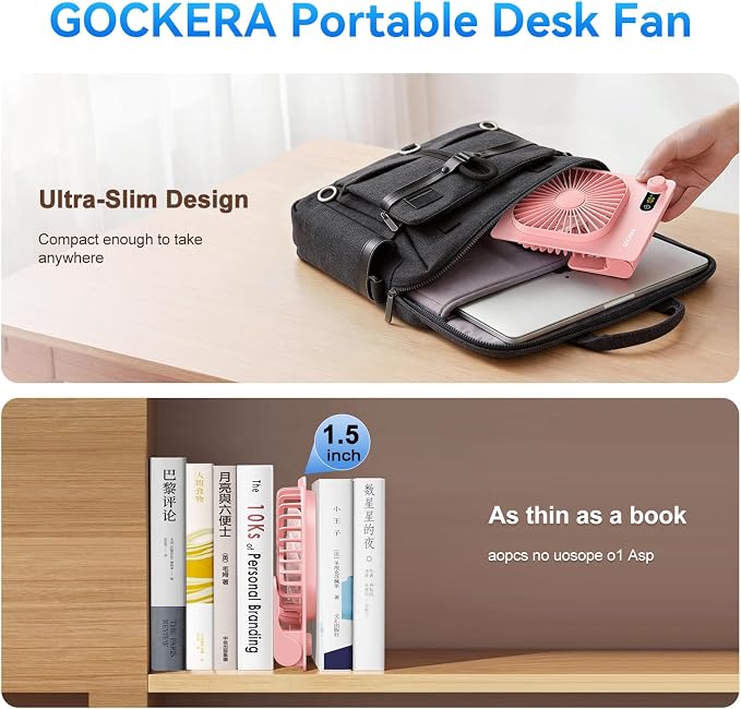 GOCKERA Desk Fan, 6.61''Ultra-thin Battery Powered Fan with Powerful Wind,100 Speeds Adjustable&Digital Display,Timer,Ultra-quiet Small Portable Fan for Bedroom,Office,Travel (Pink, 2000mAh)