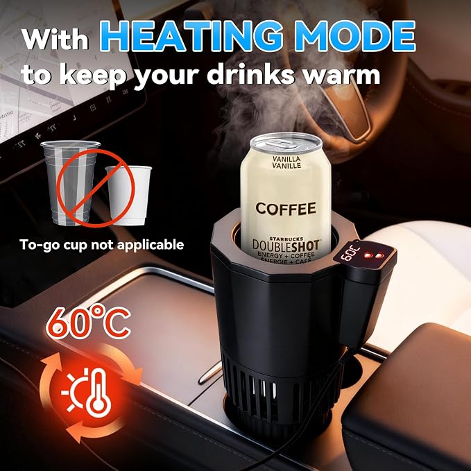 Auto Cooling and Heating Can Cooler for Car Cup Holder with Insulation Lid, Car Coffee Warmer 2 in 1 Cup Cooler & Mug Warmer, Portable Can Cooler 12V Fridge Travel Coffee Mug Quick Heating Cooling