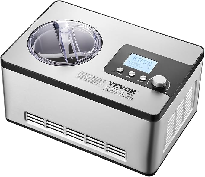 VEVOR Automatic Ice Cream Maker with Built-in Compressor, 2 Quart No Pre-freezing Fruit Yogurt Machine, Stainless Steel Electric Sorbet Maker, 3 Modes Gelato Maker with LCD Display & Timer, Silver