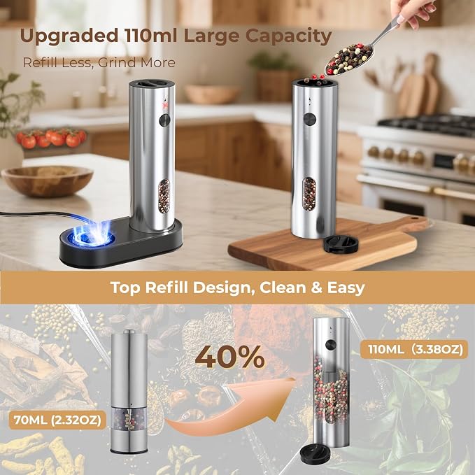 Electric Salt And Pepper Grinder Set, Rechargeable Dual Charging Base, Automatic Refillable Pepper Mills, with 110ml Large Capacity, Adjustable Coarseness & LED Light, Ideal for Kitchen, Outdoor & BBQ