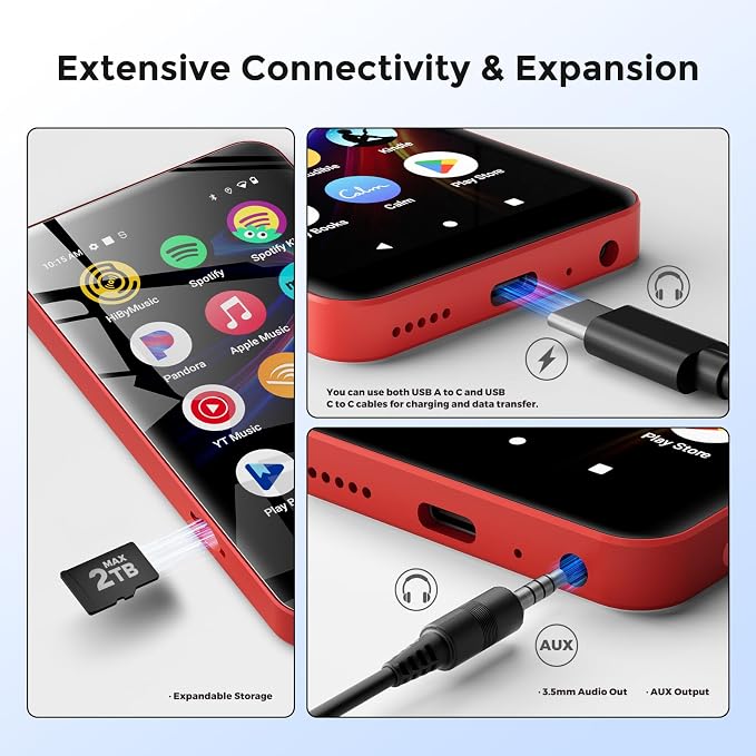 160GB innioasis G5 MP3 Player with Bluetooth and WiFi, MP3 Player with Spotify, Spotify Kids, Pandora, Play Store, Parental Manager App, Calm, 4" HD Full Touch Screen MP4 Music Player for Kids (Red)