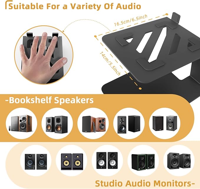 Desktop Speaker Stands, Metal Bookshelf Speaker Stands with Vibration Absorption Pads, Studio Monitor Stand Support 30lbs, 7° Incline Computer Speaker Stand, Better Audio Experience, Black