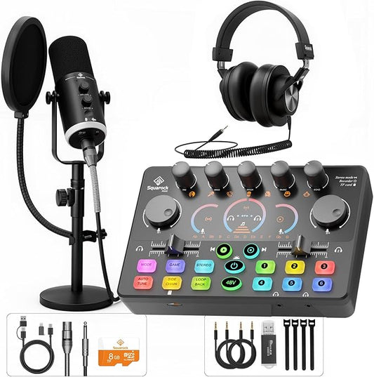 Podcast Equipment Bundle, Dynamic XLR/USB Gaming Microphone & Streaming Audio Mixer with RGB Lights, Perfect for Podcast, Recording, Video Vocal, PC