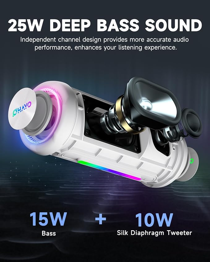 OHAYO Bluetooth Speaker, Portable Wireless, IPX7 Waterproof, Powerful 25W Sound, 24H Playtime, Dual Pairing, Active Bass, Colorful Lights, Bluetooth 5.3, Outdoor Speakers for Home/Party/Beach, White