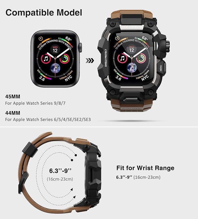 ULTIMAL Rugged Case with Band for Apple Watch Band 45mm,Compatible with Apple Watch Series 9/8/7 45mm,Military Grade Shockproof Bumper Cover for iWatch Tactical Band Men (Coffee Brown, 45mm)