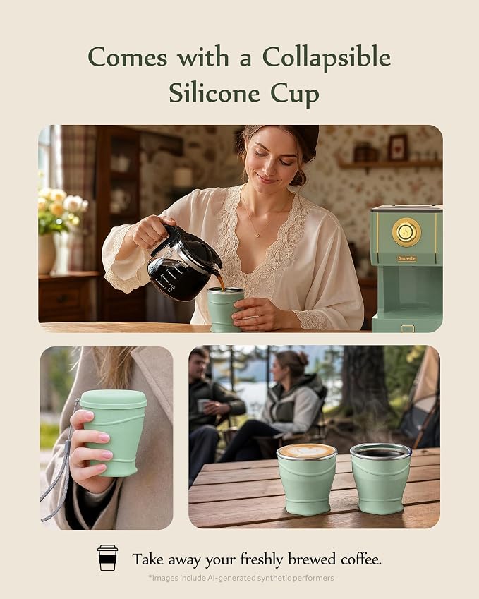 Amaste Drip Coffee Maker, Coffee Machine with 25 Oz Glass Coffee Pot, Retro Style Coffee Maker with Reusable Filter & Three Brewing Modes, Collapsible Silicone Coffee Cup,Warming Plate, Matcha Green