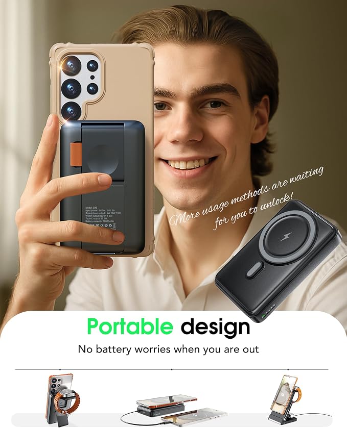 Foldable Charging Station for Samsung,5 in 1 Magnetic Wireless Charger 10000mAh Detachable Portable Power Bank Nightstand for Galaxy S26 Ultra/S26+/S26/S25/Z Fold/Flip 7/S25/S24/S23,Galaxy Watch8,Buds