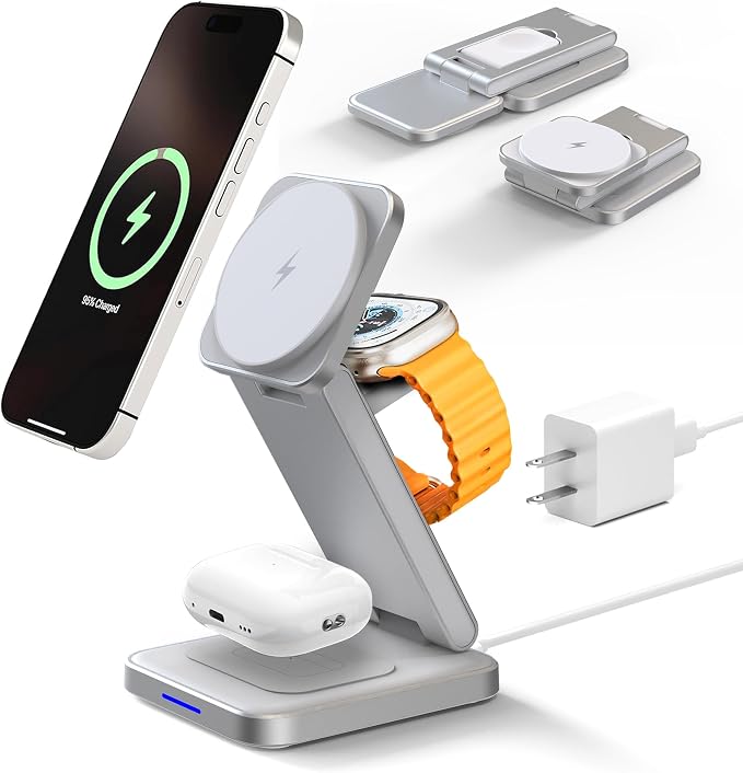SIMPKEELY 3-in-1 Magnetic Wireless Charging Station, 15W Fast Charger Stand for iPhone/Apple Watch/AirPods, Foldable Design (White)