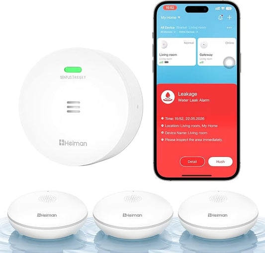 Heiman Water Leak Detector for Home, Water Sensor Alarm Leak Detector, Battery Operated Flood Smart WiFi Water Sensor for Basement/Sump Pump, Real-Time App Alert and Sound Alarm, 3-Pack with Gateway