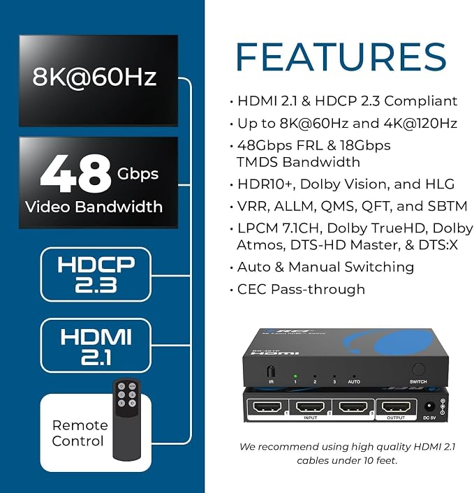 OREI 8K 3-Port HDMI 2.1 Switch, 3-in 1-Out, 8K@60Hz, Manual & Auto Switch