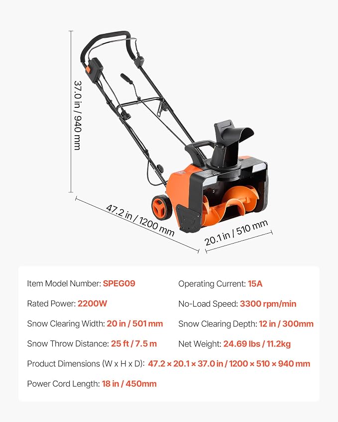 VEVOR Corded Electric Snow Blower, 20 inch 15A Snow Thrower with Dual LED Headlights & 180° Rotating Chute, 25FT Throwing Distance, 12" Depth Clearing, Walk-Behind Snowblower for Driveway Sidewalk