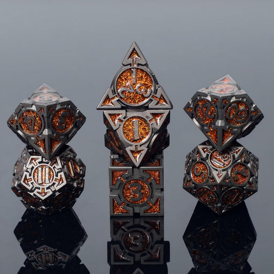 Orange Black Nickel Finish Heavy Metal DND Dice Set (Bard) with A Metal Box, Sharp Edge Zinc Alloy D&D Accessories, D4-D20, Designed for Dungeons & Dragons Master, RPG Player, Starter