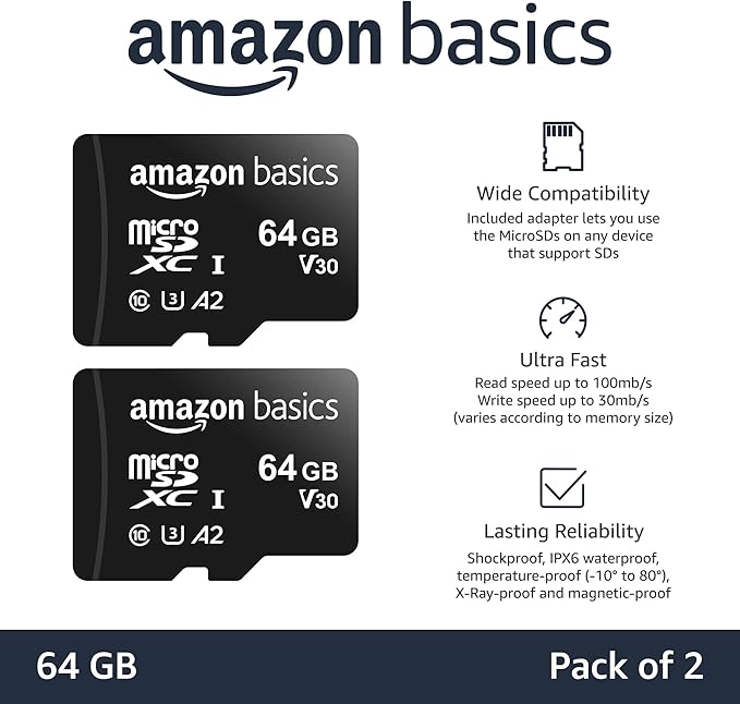 Amazon Basics microSDXC Memory Card with Full Size Adapter, A2, U3, Read Speed up to 100 MB/s, 64GB, Black (2pack)