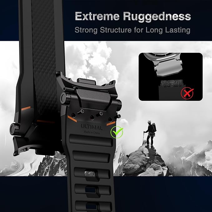ULTIMAL Rugged TPU Sport Band ONLY for Samsung Galaxy Watch 8 Classic & Galaxy Watch 8 (40/44/46mm), Replacement Strap with Secure Connector, Waterproof Sweat-Resistant, Fit 6.2”-8.9”(Black+Black)