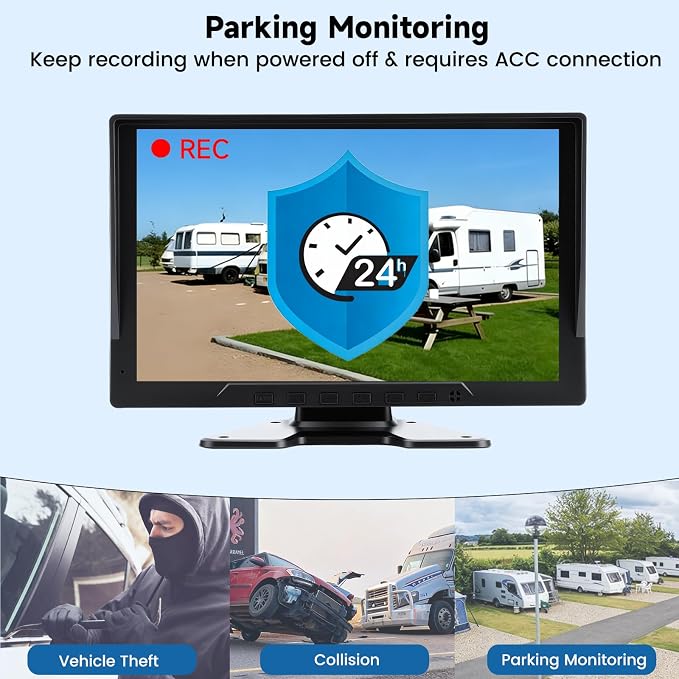 4-Camera Wired Backup Camera System for Truck & RV, 10.1" 1080P Quad Split Monitor, DVR Recording, Night Vision, Waterproof Vibration-Proof for Trailer, Tractor & Heavy Equipment