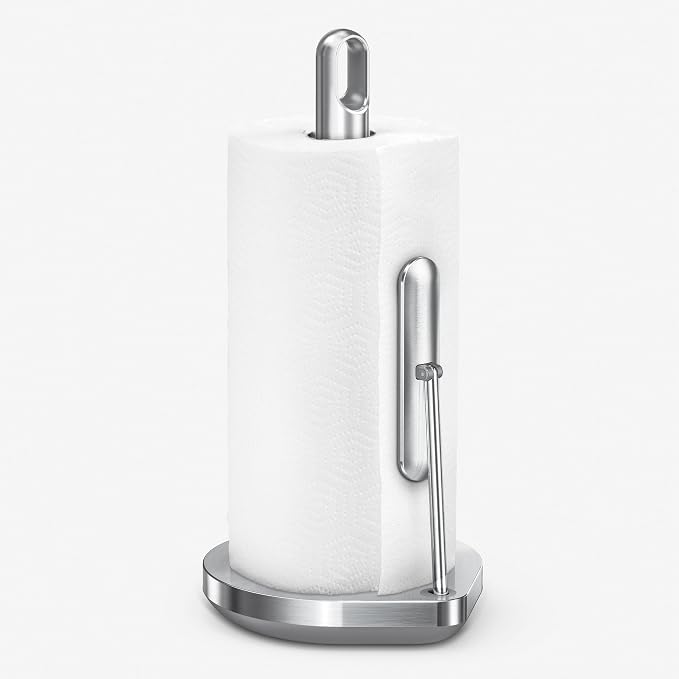 simplehuman 8 oz. Touch-Free Sensor Liquid Soap Pump Dispenser with Soap Sample, Brushed Nickel & Tension Arm Standing Paper Towel Holder, Brushed Stainless Steel