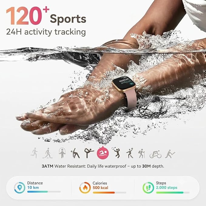 Smart Watch for Women, Answer/Make Call, 1.85" AMOLED Always-On Screen Smartwatch for iPhone & Android, 3ATM Waterproof Fitness Tracker with Heart Rate/Sleep/SpO2 Monitor, 120+ Sport Modes, 2 Bands