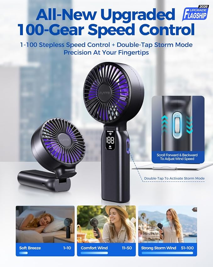 Funme Portable Handheld Fan, 10000mAh Personal Fan with Power Bank, 1-100 Speed Scroll Wheel Control, 46H Max Cooling&Storm Mode, LED Display, Metal Body, Foldable Desk Fan for Travel office, Pink