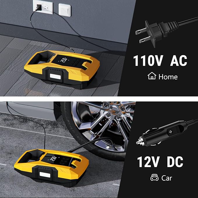 CARSUN AC/DC Tire Inflator Portable Air Compressor, Dual Power for Home 110V AC and Car 12V DC Air Pump with Pressure Gauge, Auto Shutoff, Tire Pump for Car Motorcycle Bicycle and Other Inflatables