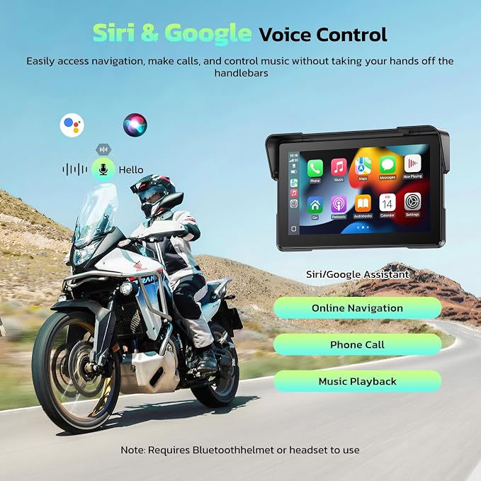 LAMTTO 7-Inch Wireless Motorcycle Carplay GPS Navigation System with Apple Carplay and Android Auto, Portable Moto Car Play Screen with Dual Bluetooth, Navigation, Siri, Google Assistant, Anti-Glare