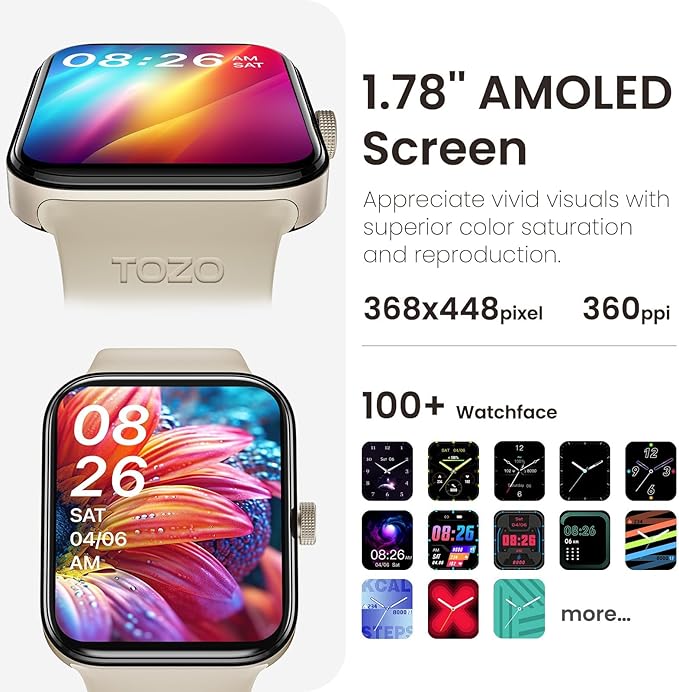 TOZO AMOLED S4 AcuFit One Smart Watch 1.78" Ultra-Clear Screen for Men Women, Call/Answer Fitness Tracker, Sleep Monitor IP68 Waterproof for iOS 11.0+ Android 9.0+ Gold