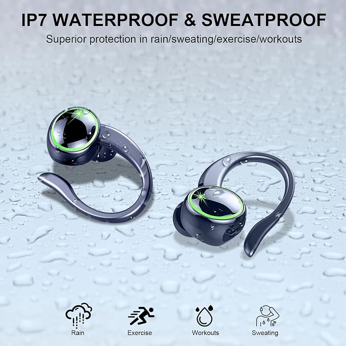 Wireless Earbuds Sports, Bluetooth 5.4 Headphones Hifi Stereo, Over-Ear Buds with 50H Playback, Earhooks Design, ENC Noise Cancelling Mic, IP7 Waterproof, Fitness Headset for Gym Running Workout
