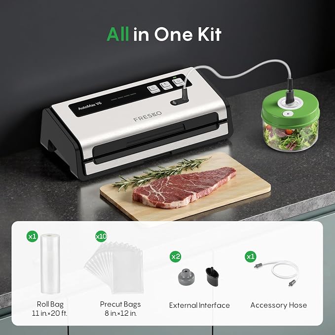 FRESKO Food Vacuum Sealer with Automatic Bag Detection, 0.2-inch Widened Heating Strip, Built-in Bag Roll Storage & Cutter, 1 Roll Bag, Starter Kit