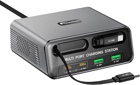6-in-1 Retractable USB C Charger Block, 100W GaN Fast Charging Station for Multiple Devices with Dual Retractable Cables, PD 65W Compatible with MacBook Pro, Dell, Steam Deck, iPhone 17/16, Galaxy S26