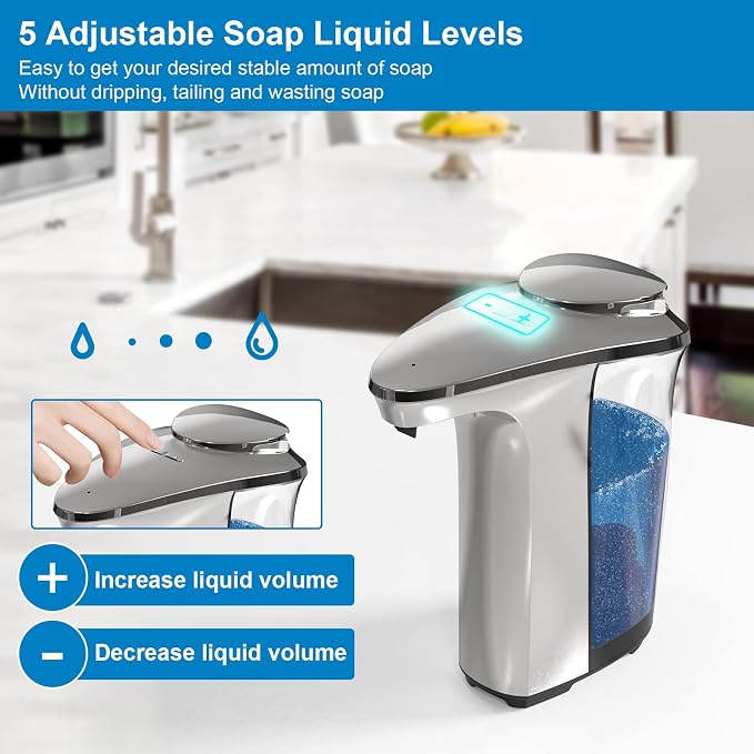Automatic Soap Dispenser, Touchless Dish Soap Dispenser 17oz/500ml with Infrared Sensor, 5 Adjustable Soap Levels, Liquid Hand Soap Dispenser for Bathroom Kitchen (Silver 4 Pack)