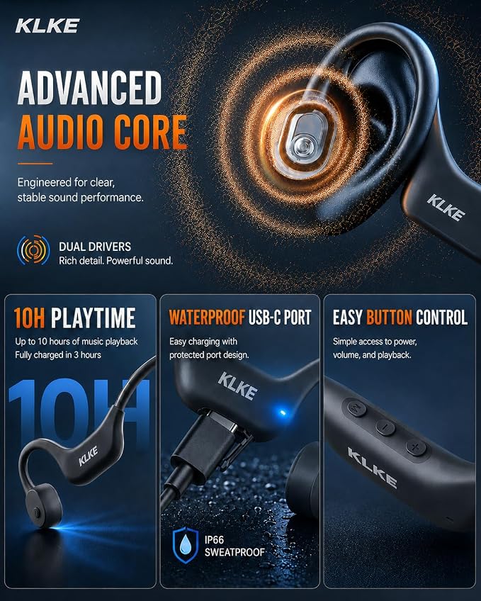 Open-Ear Bone Conduction Headphones for Running, Bluetooth Sports Headphones with Rear Safety Light, Dual Modes, Adjustable Fit, IP66 Waterproof, Mic, 10H Playtime for Gym Cycling