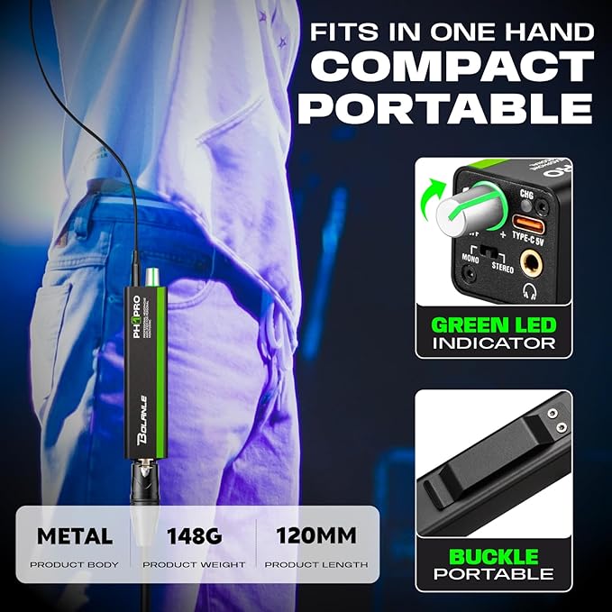 Bolanle PH1 PRO in-Ear Monitor Amplifier with Built-in 1000mAh Battery, 25-Hour Playtime, XLR/TRS Input 3.5mm Output, Personal IEM Amp for Keyboardists Drummers Musicians Live Stage Studio﻿